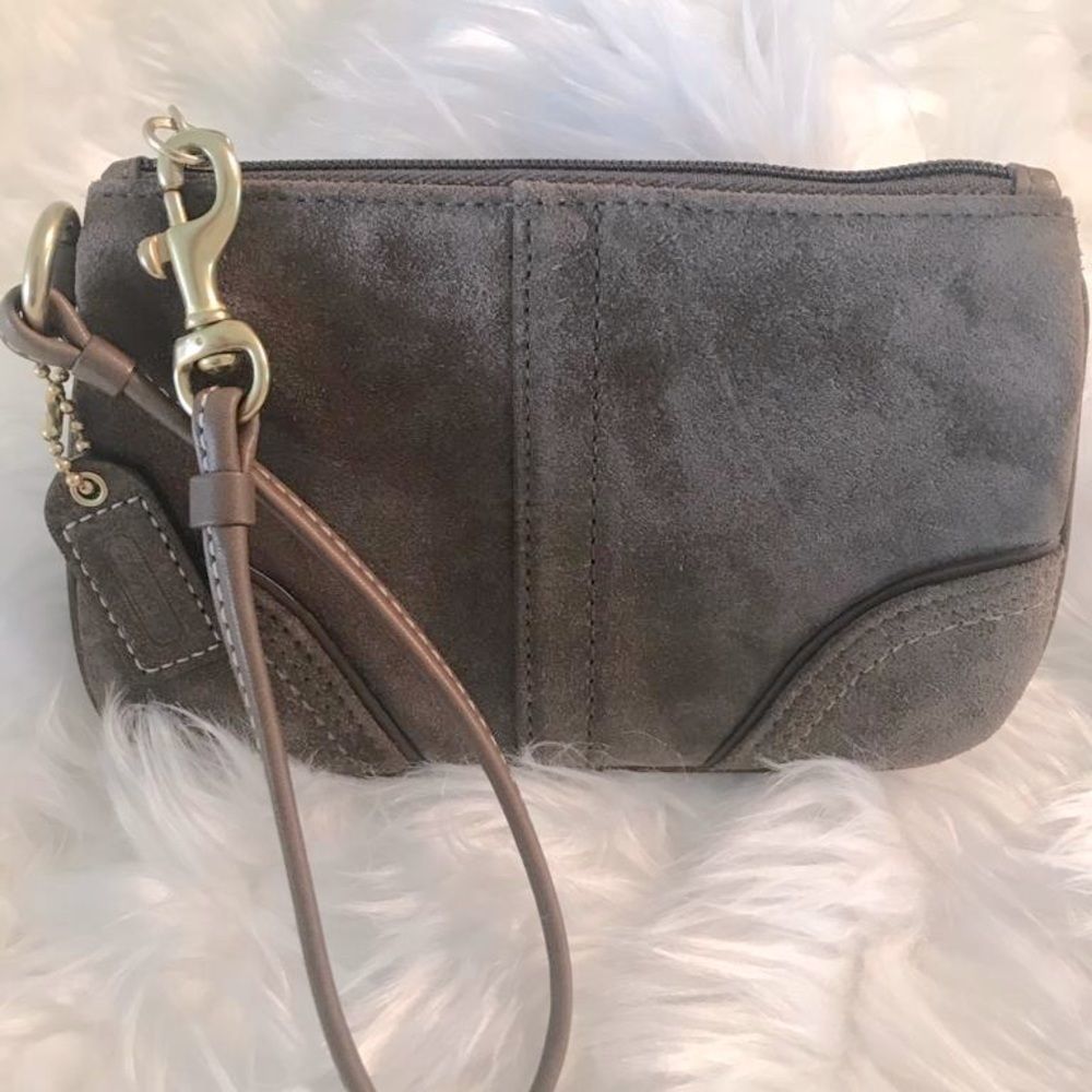 Classic suede leather Coach wristlet with key tag 